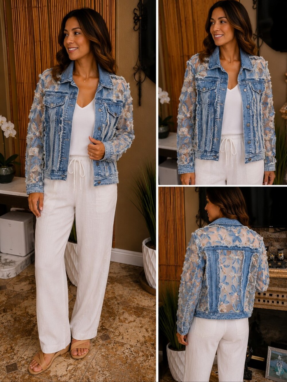 Veveret Distressed Floral Appliqué Denim Jacket - Light Blue